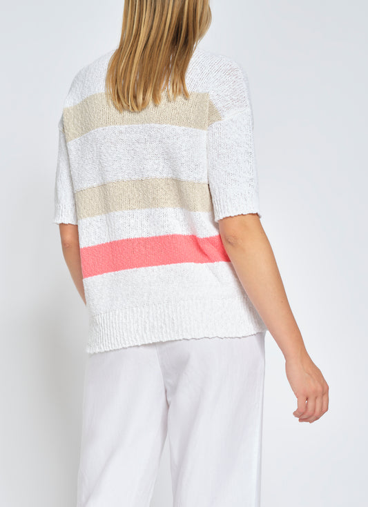 Pullover mit V-Ausschnitt und Muster aus Baumwolle und Leinen