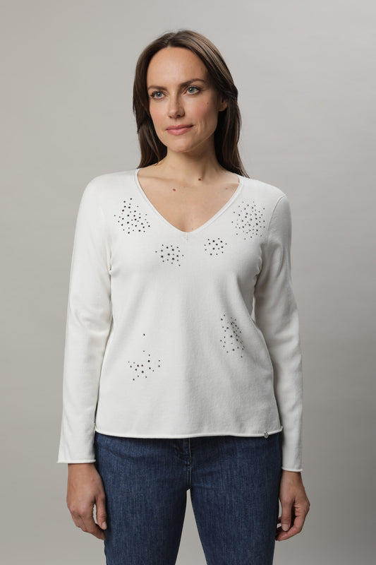 Pullover mit V-Ausschnitt und Strassmotiv