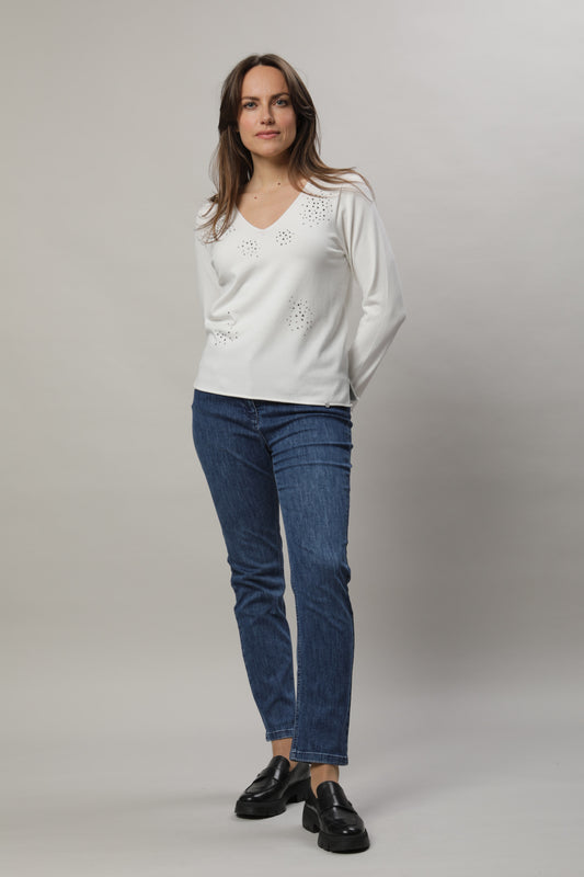 Pullover mit V-Ausschnitt und Strassmotiv