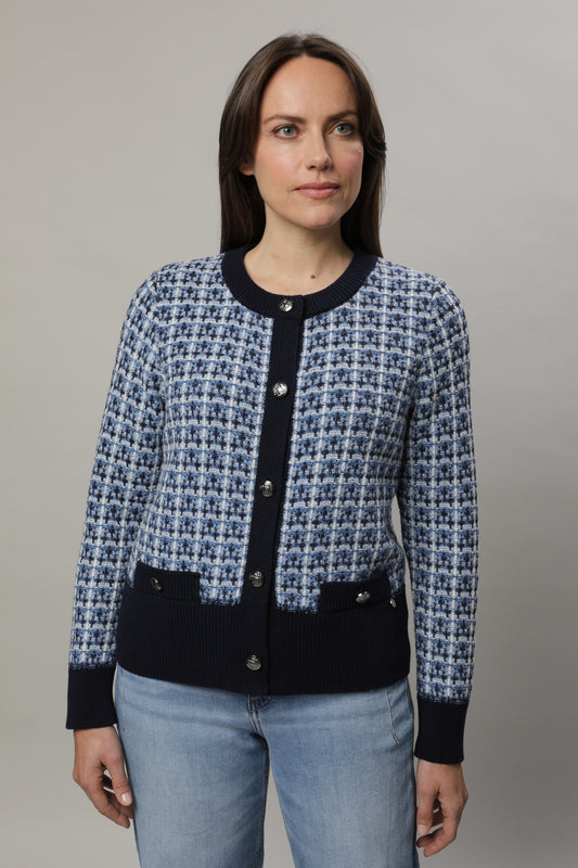 Strickjacke mit Rundhals und Karostruktur
