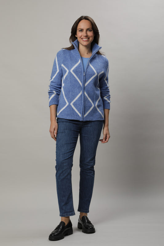 Strickjacke mit Stehkragen und Reißverschluss und zweifarbigem Strukturmuster