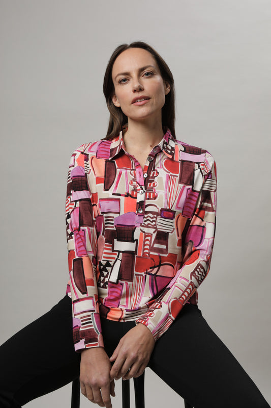 Langarmshirt mit Polokragen und Alloverdruck
