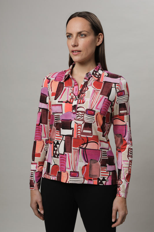 Langarmshirt mit Polokragen und Alloverdruck