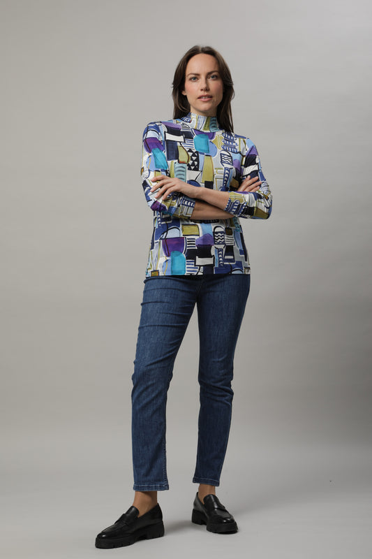 Langarmshirt mit Stehkragen und Alloverdruck