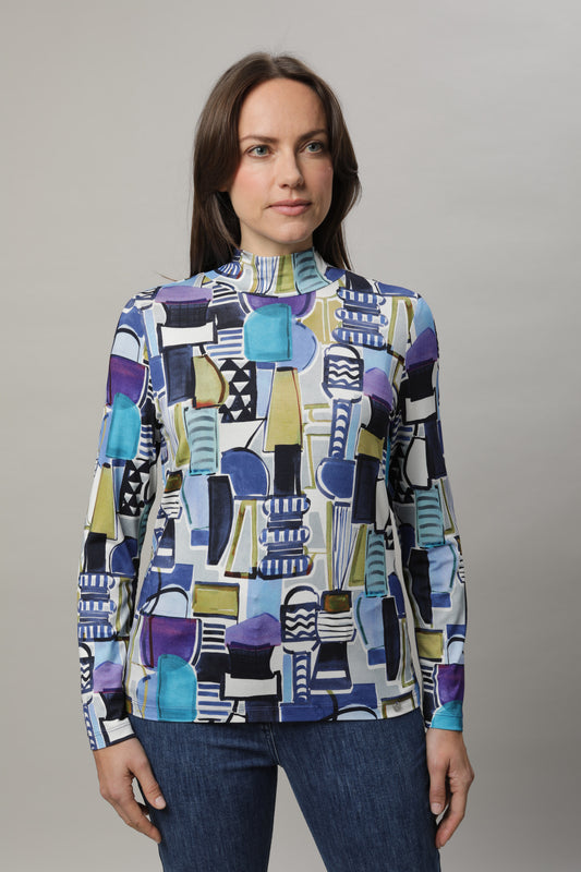 Langarmshirt mit Stehkragen und Alloverdruck