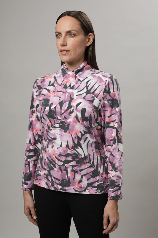 Langarmshirt mit Umlegekragen und Alloverdruck