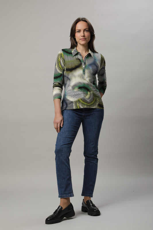 Langarmshirt mit Polokragen und Alloverdruck