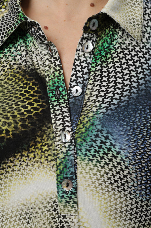 Langarmshirt mit Polokragen und Alloverdruck