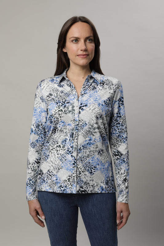 Langarmshirt mit Polokragen und Alloverdruck