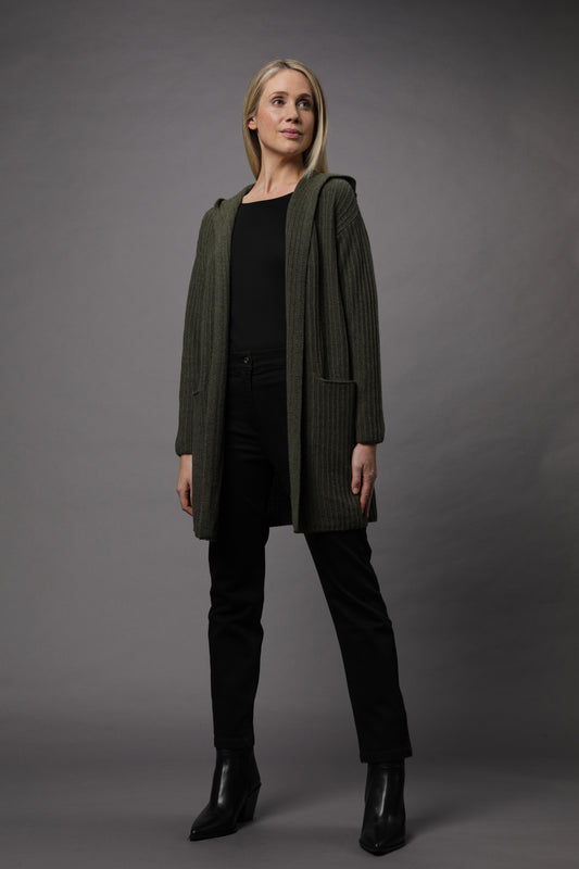 lange, offene Strickjacke mit Kapuze und Strukturmuster