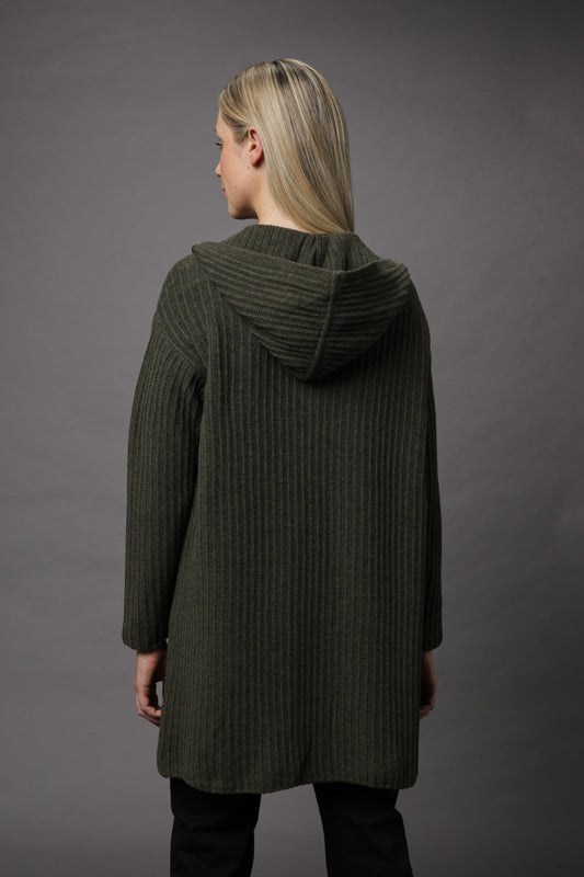 lange, offene Strickjacke mit Kapuze und Strukturmuster